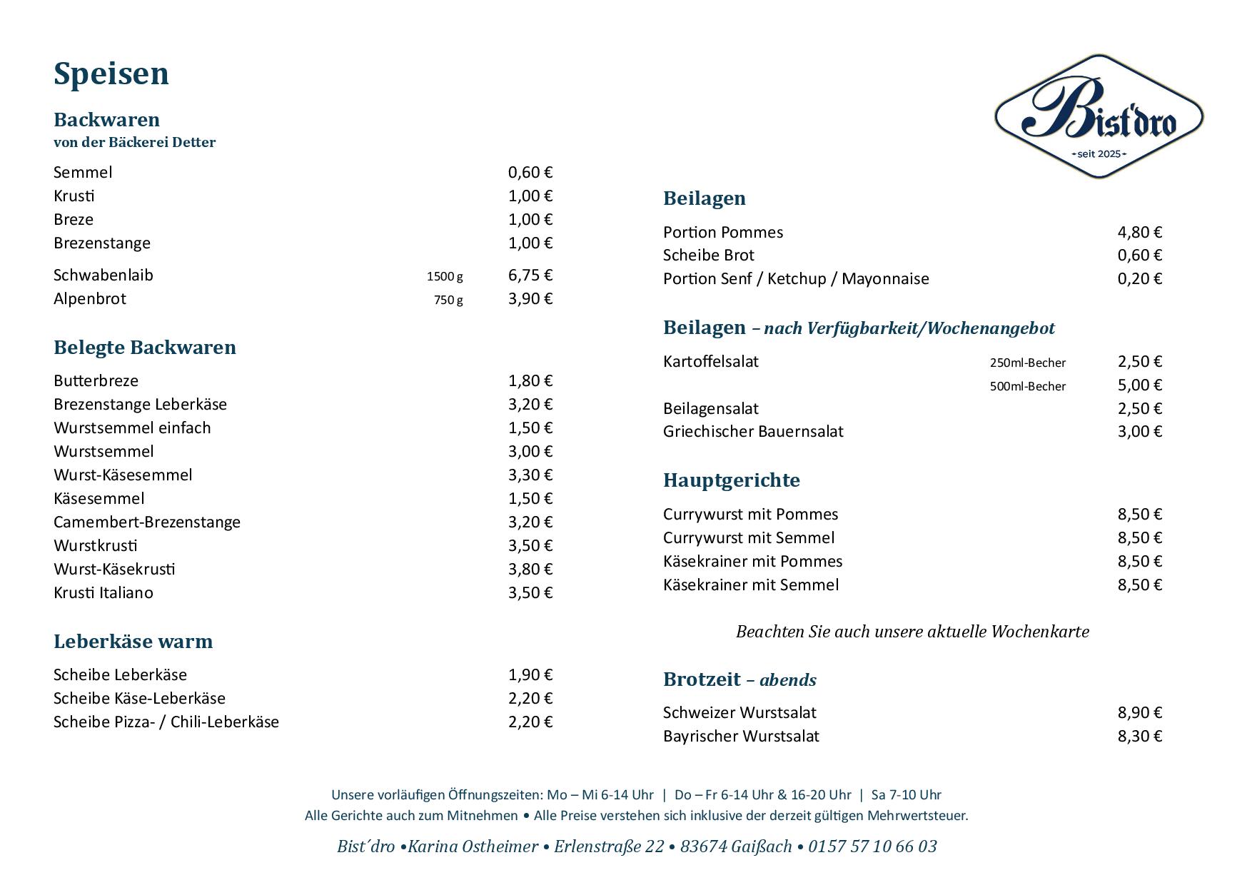 Vorschau Allgemeine Speisekarte